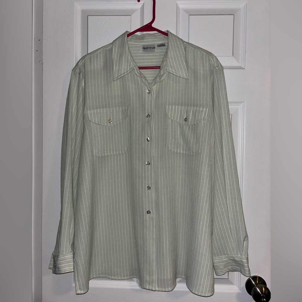 Apparenza Women’s Light Green Striped Button-Down Shirt Blouse | XL